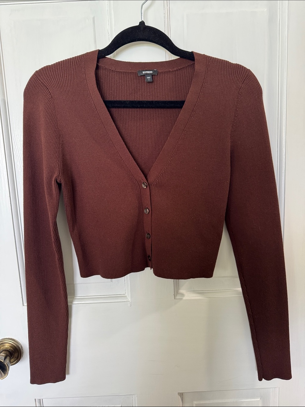 Express Cropped Ribbed V-Neck Button-Front Cardigan - Chocolate Brown Size S